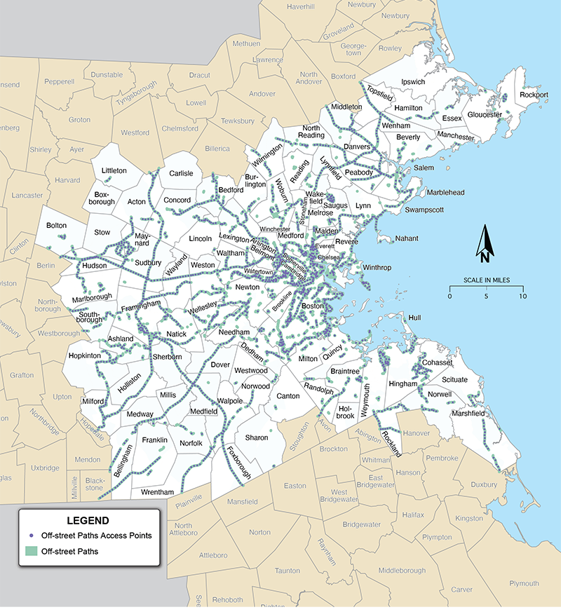 Figure 36 is a map that shows the locations of off-street paths in the Boston region and the access points used to analyze access to these destinations.